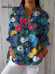 Women's Vintage Floral Art Print Casual Cotton Linen V-neck Shirt