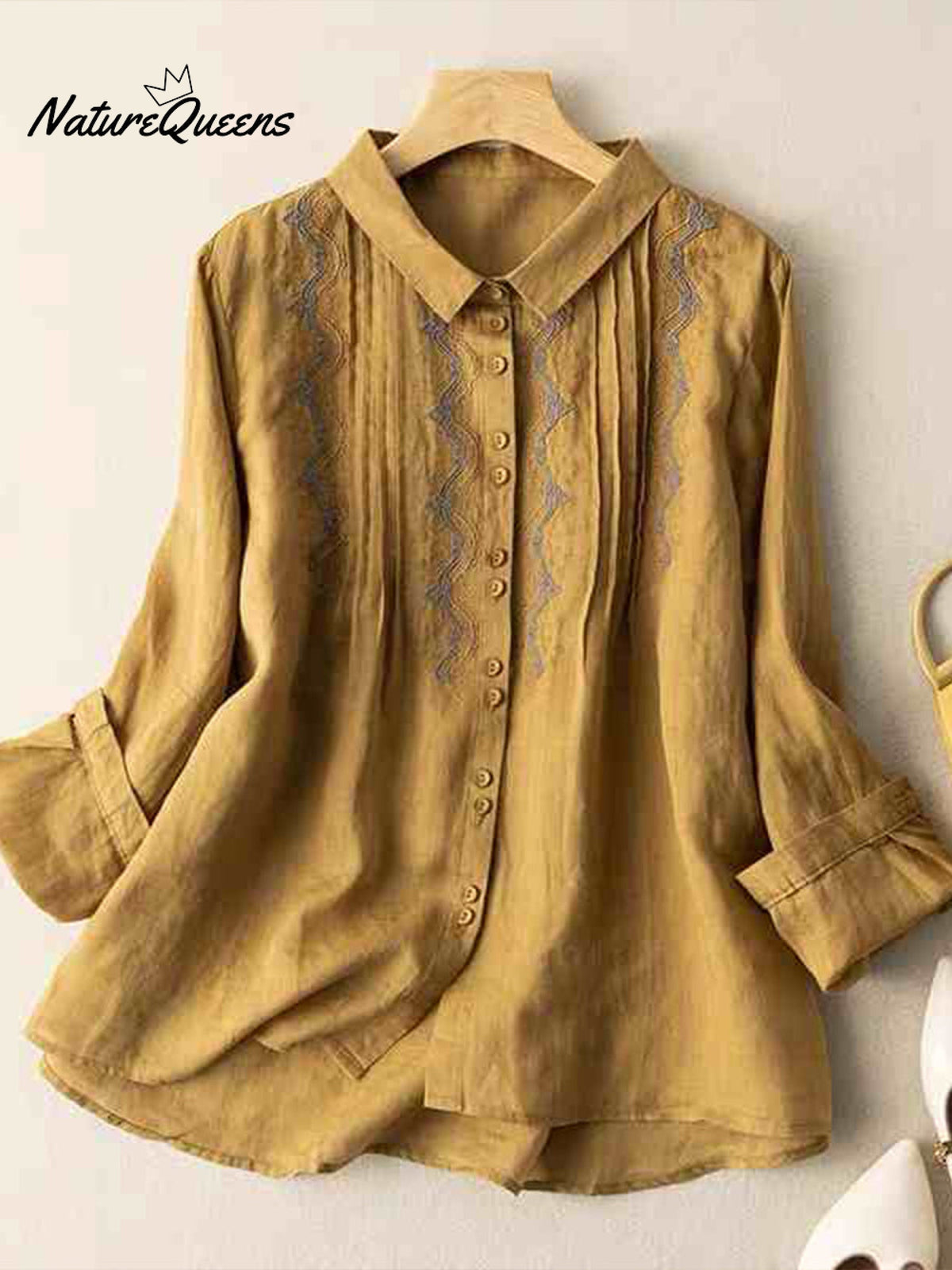 Women‘s Vintage Embroidered Loose Linen Shirt