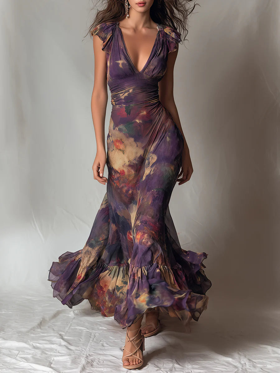 Bohemian Artistic Print Sleeveless Ruffled Chiffon Dress
