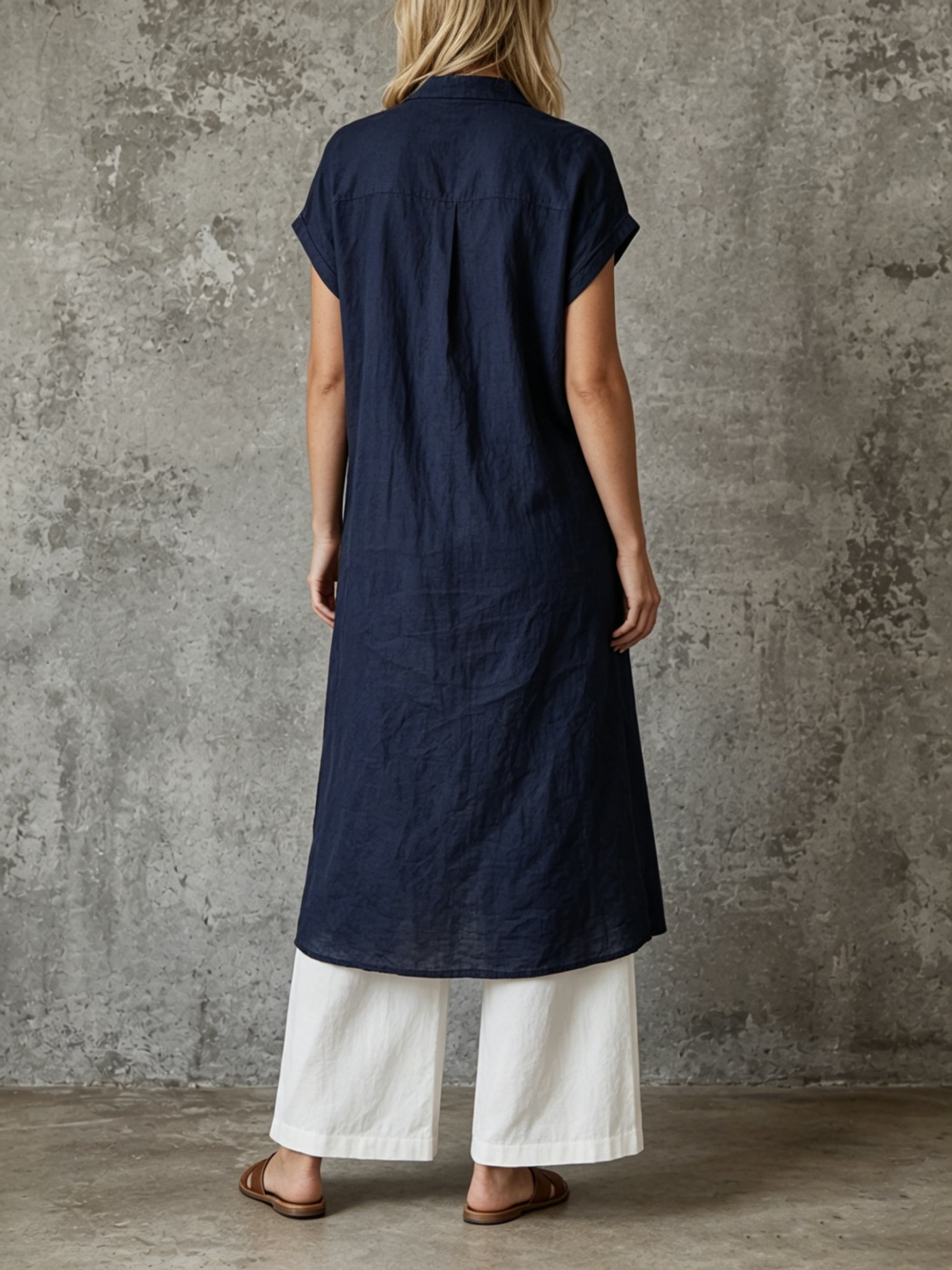 Women's Simple Navy Blue Linen-cotton Half-placket Long Shirt & White High-waisted Wide-leg Linen-cotton Trousers Set