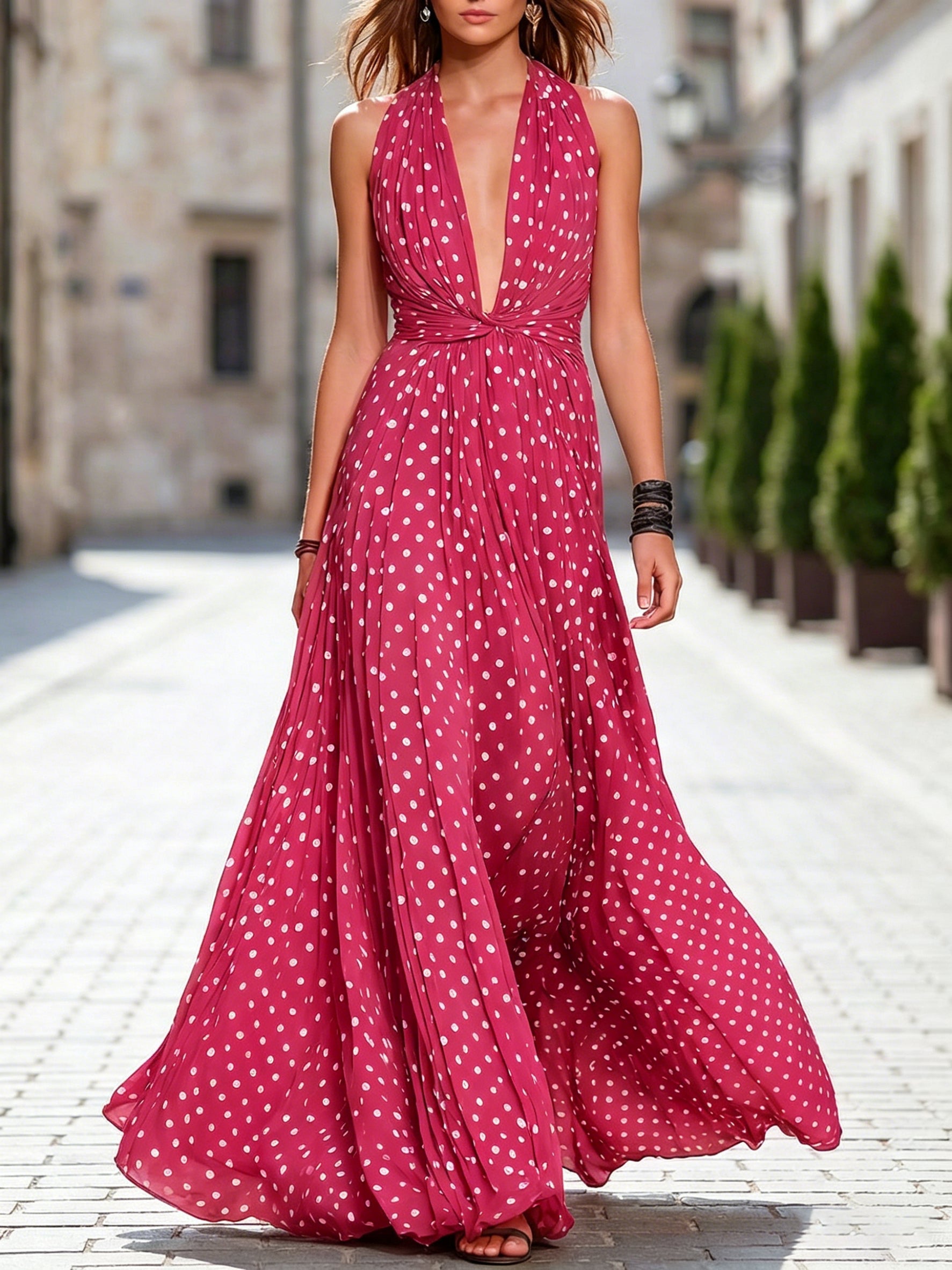 Retro Polka-dot Halter-neck Deep V-neck Pleated Maxi Dress