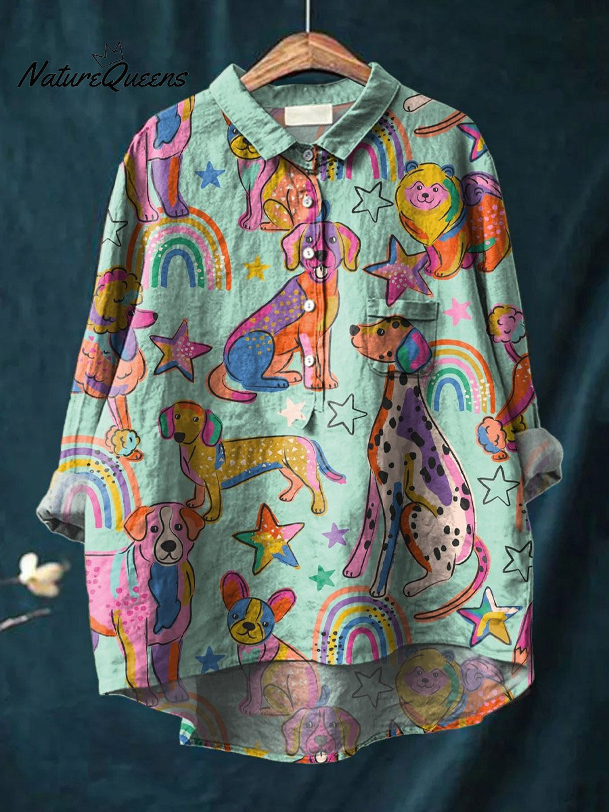 Vintage Lovely Rainbow Dogs Art Print Casual Cotton And Linen Shirt