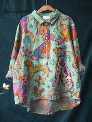 Vintage Lovely Rainbow Dogs Art Print Casual Cotton And Linen Shirt