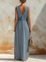 Women's Striped Art Casual Zip Stylish Comfortable Denim Long Dress