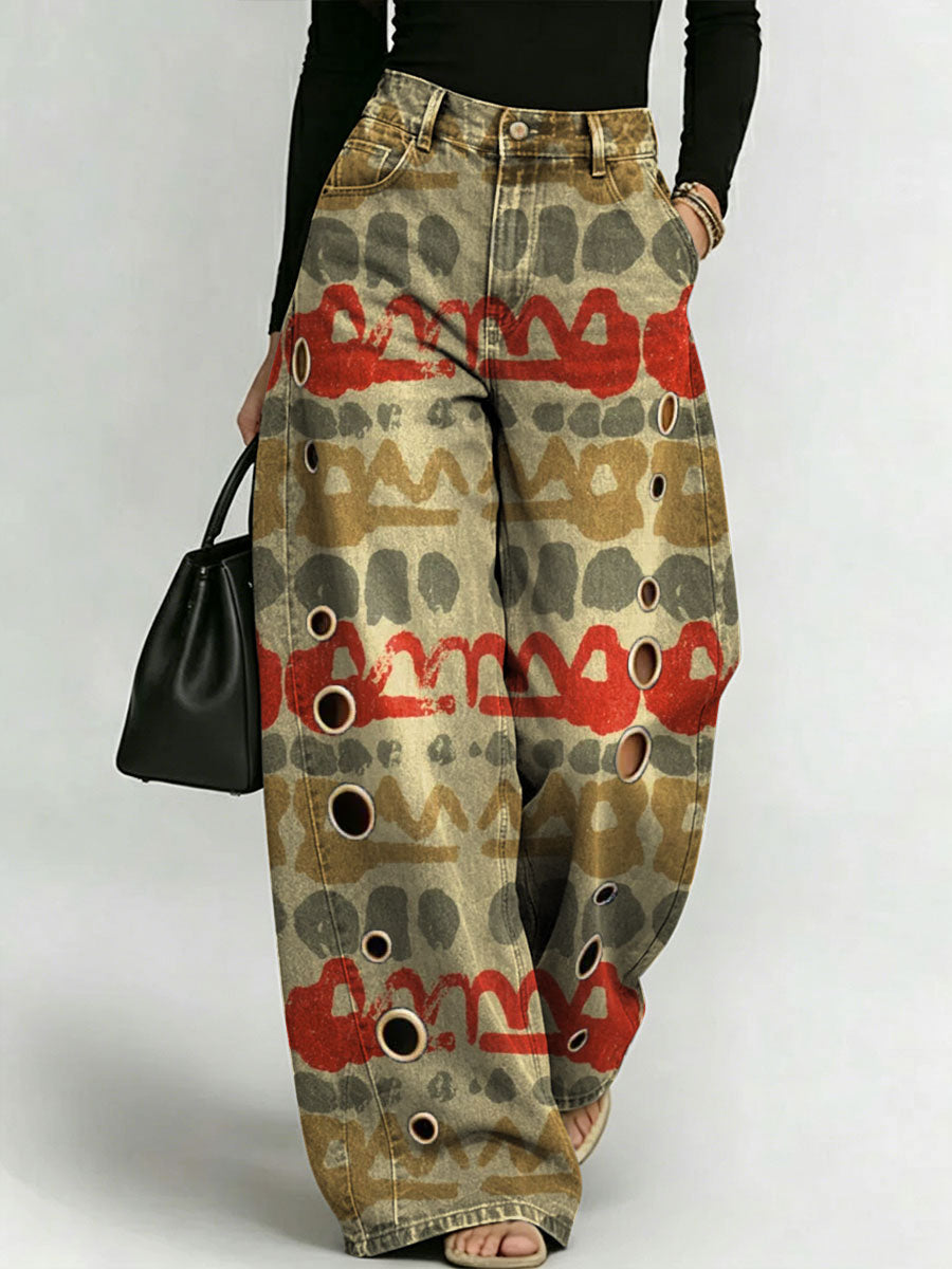 Women's Retro Geometric Patterns Printed Stylish Cutout Casual Denim Jeans