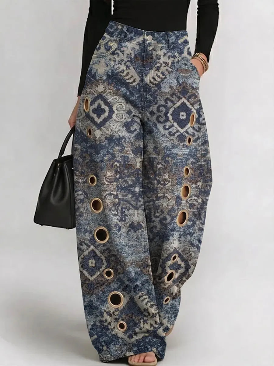 Women's Vintage Ethnic-style Patterns Print Print Casual Fashion Cutout Jeans