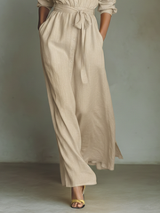 Women's Beige Linen Fabric Shirt Maxi Dress With Self-Tie Belt & Side Slit MDZ2103A1T
