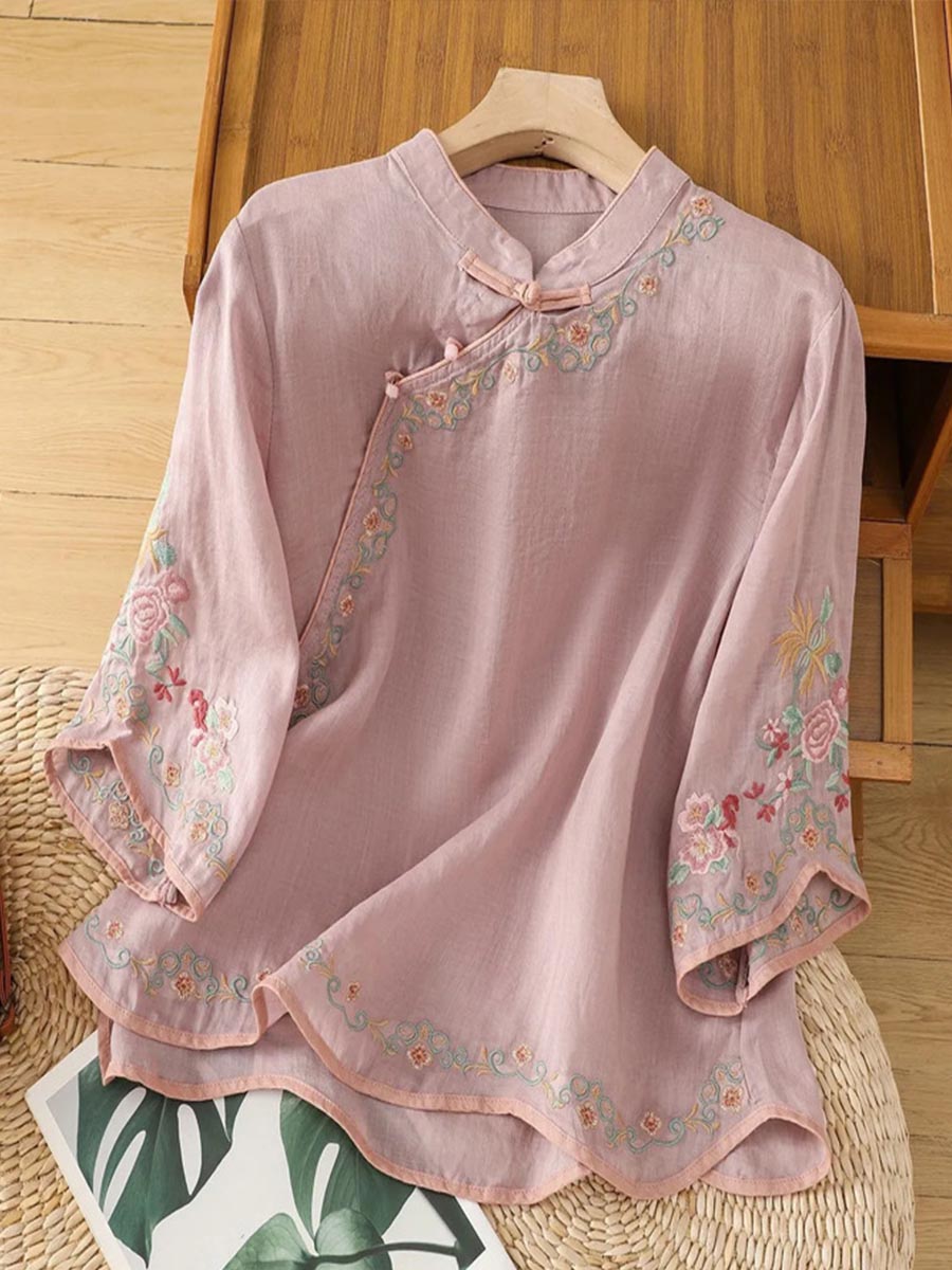 Women's Stand-collar 3/4-sleeve Casual Loose Cotton-linen Embroidered Top