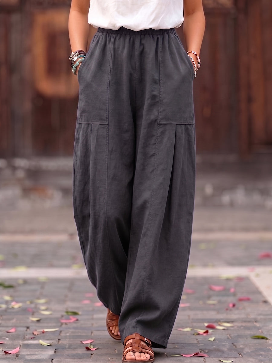 Cozy Casual Pleated Cotton-linen Wide-leg Pants