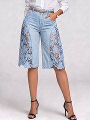Women's High-waisted Cutout Lace Loose-fit Wide-leg Denim Shorts