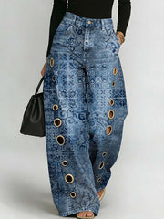 Women's Retro Floral Art Print Casual Stylish Hollow Denim Pants