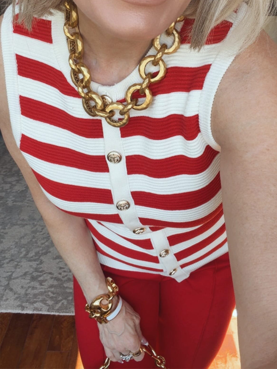 Casual & Cozy Two-piece Set: Sleeveless Striped Knit Top And Red Trousers