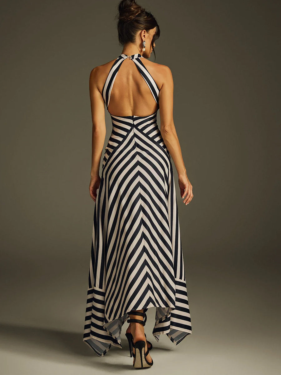 Stylish Artistic Striped Halter Sleeveless Maxi Dress