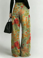 Women's Retro Geometric Floral Patterns Printed Stylish Cutout Casual Denim Jeans