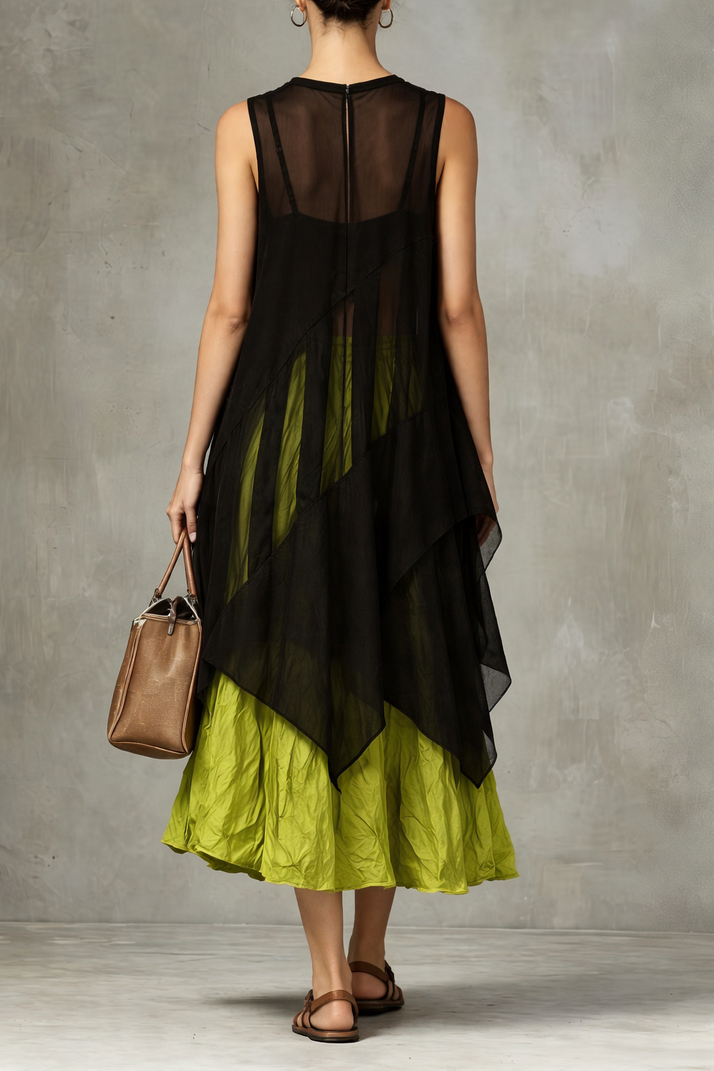 Stylish Casual Linen And Cotton Two-piece Set: Black Long Top And Light Green Skirt