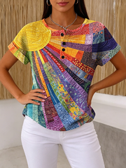 Boho Geometric Sun Print Henley Shirt