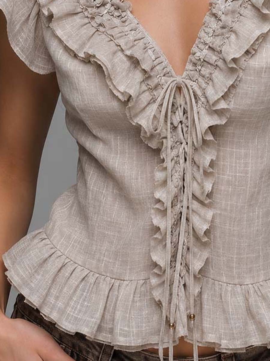 Light Beige Textured Cotton-linen V-neck Ruffle Lace-up Waist Flutter Sleeve Top