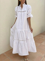 Women's Dress With Puff Sleeves And Hollow-out Decoration