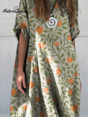 Women's Lovely Floral Art Print Linen Cotton Buttons Dress