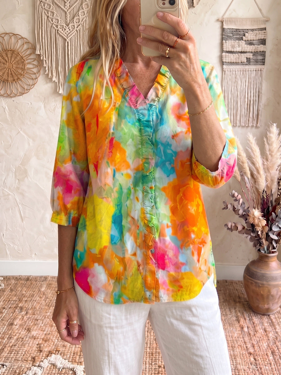 Glamorous Artistic Watercolor Cotton-linen Blouse
