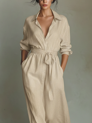 Women's Beige Linen Fabric Shirt Maxi Dress With Self-Tie Belt & Side Slit MDZ2103A1T