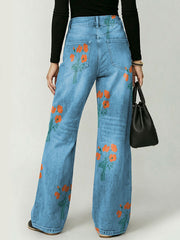 Elegant Floral Bouquet Decorative Pattern Women's Casual Cotton Denim Pants