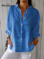 Women's Vintage Colorblock Striped Art Print Casual Linen V-neck Shirt
