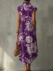 Elegant Floral Decorative Patterns Women's Casual No Sleeve Bud Collar Linen Cotton Dress