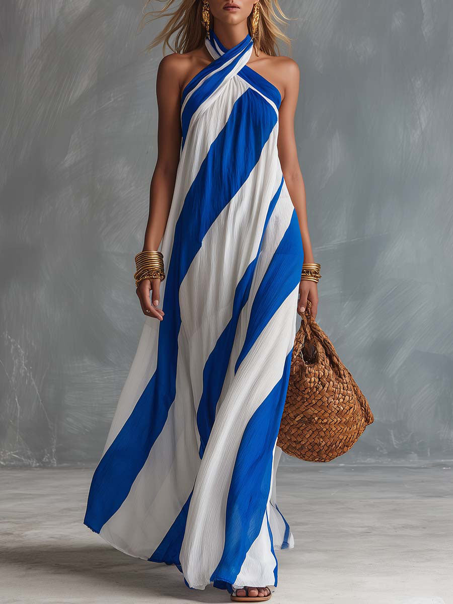 Women's Geometric Print Halter-neck Sleeveless Loose-fit A-line Casual Dress