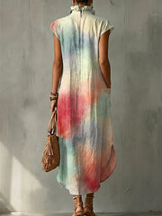 Gradient Decorative Pattern Women's No Sleeve Bud Collar Linen Cotton Dress