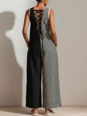 Women's Houndstooth Print Jumpsuit — Crew Neck Sleeveless Casual Loose-fit Cotton-linen Blend Wide-leg