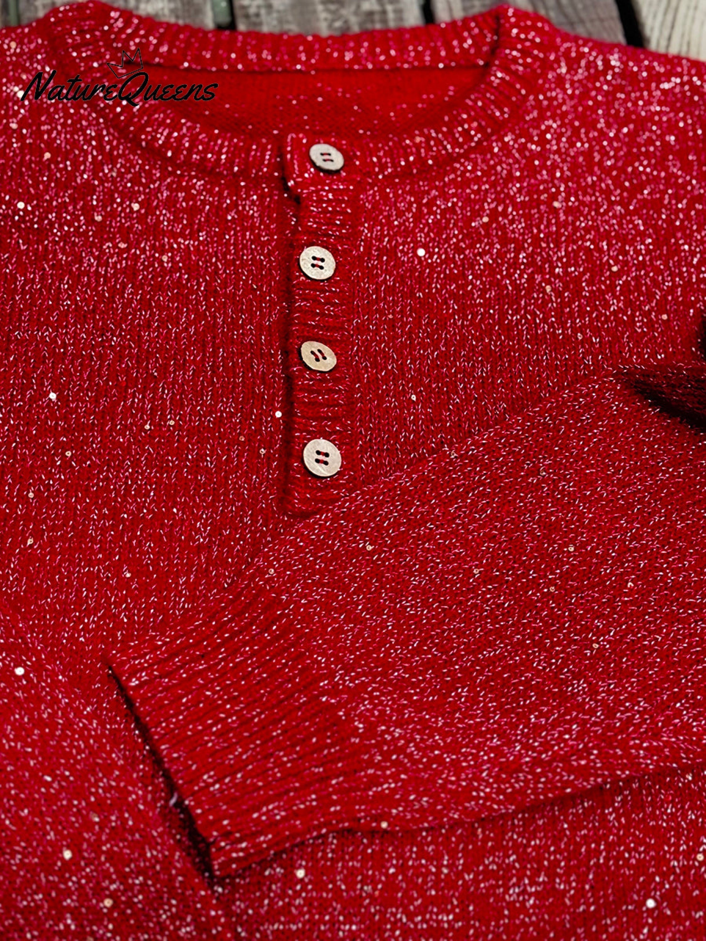 Women's Shiny Henley Neck Solid Color Sweater Top
