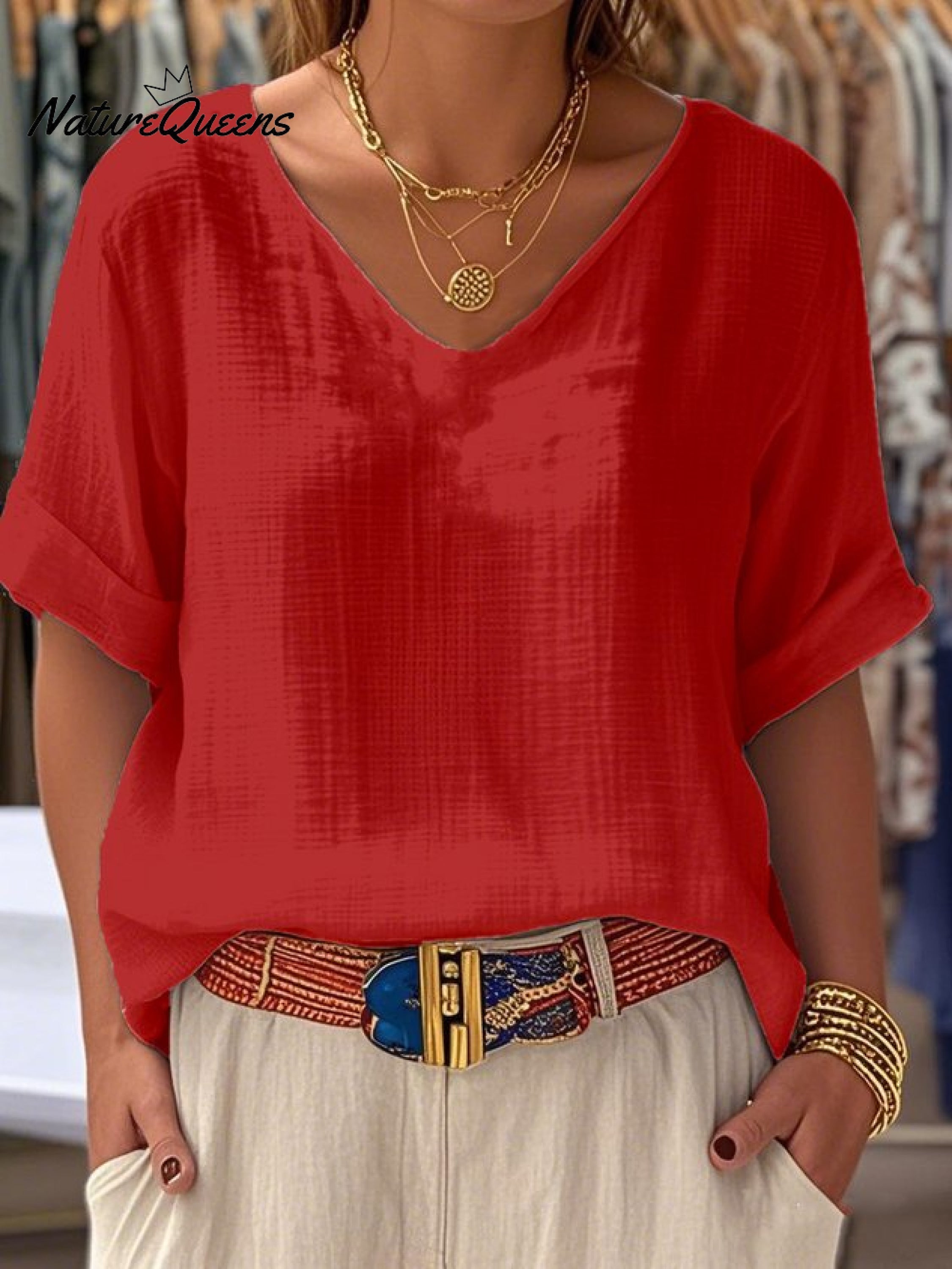 Crew Neck Short Sleeve Plain Regular Loose Tunic Blouse For Women