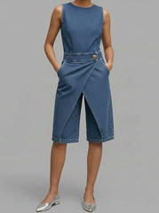 Women's Round Neck Sleeveless Casual Loose Denim Wide-leg Jumpsuit