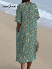 Women's Vintage Floral Art Print Pocket Linen Dress（Convertible Dress With Front And Back Option）
