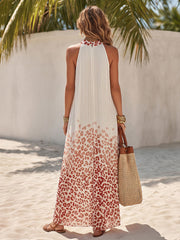 Ombre Red Leopard Print Halter Neck Button-down Maxi Shirt Dress