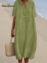 Women's Solid Color Cotton And Linen Short Sleeve Dress