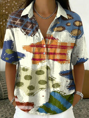 Women's Vintage Color-Block Star Art Print Cotton-Linen Short-Sleeve Shirt