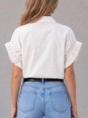 Women's Solid-color Short-sleeve Casual Loose Cotton Cardigan With Shirt Collar