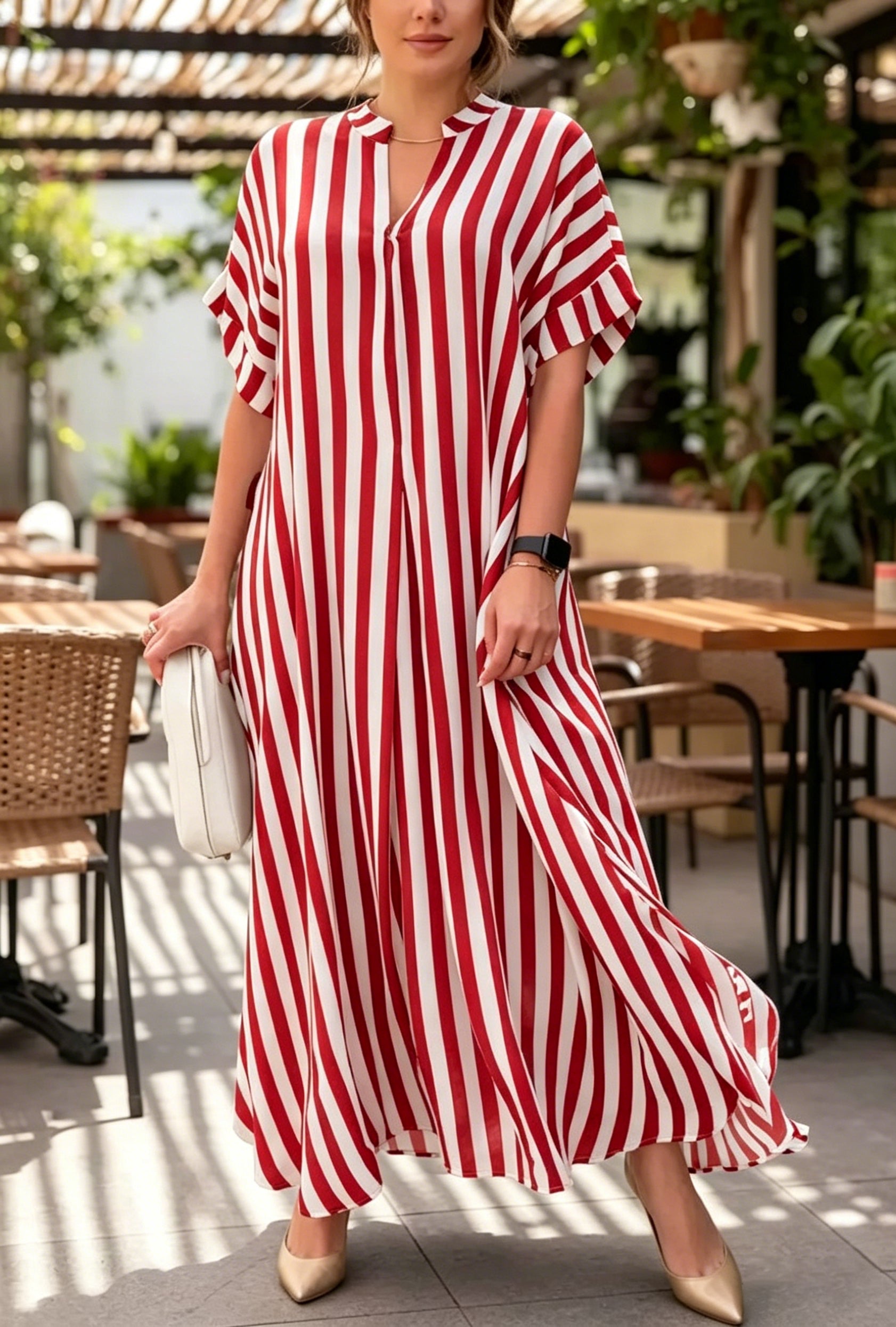 Striped V-neck Loose-fit Batwing-sleeve Maxi Dress