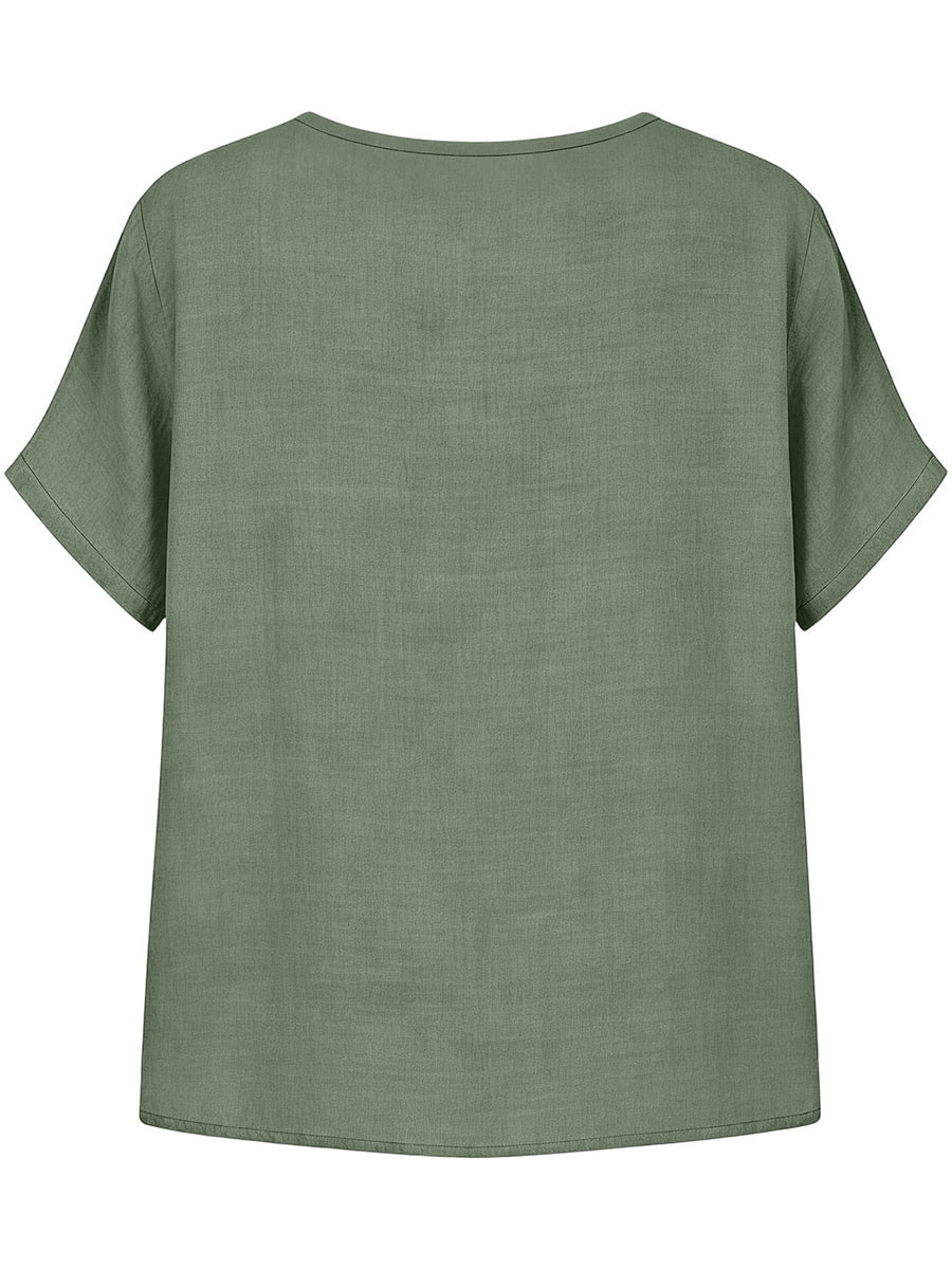 Casual Short-sleeve Top With Lace-trimmed Collar (linen & Cotton)