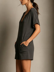 Women's Stylish V-neck Jumpsuit With Shorts (solid Color)
