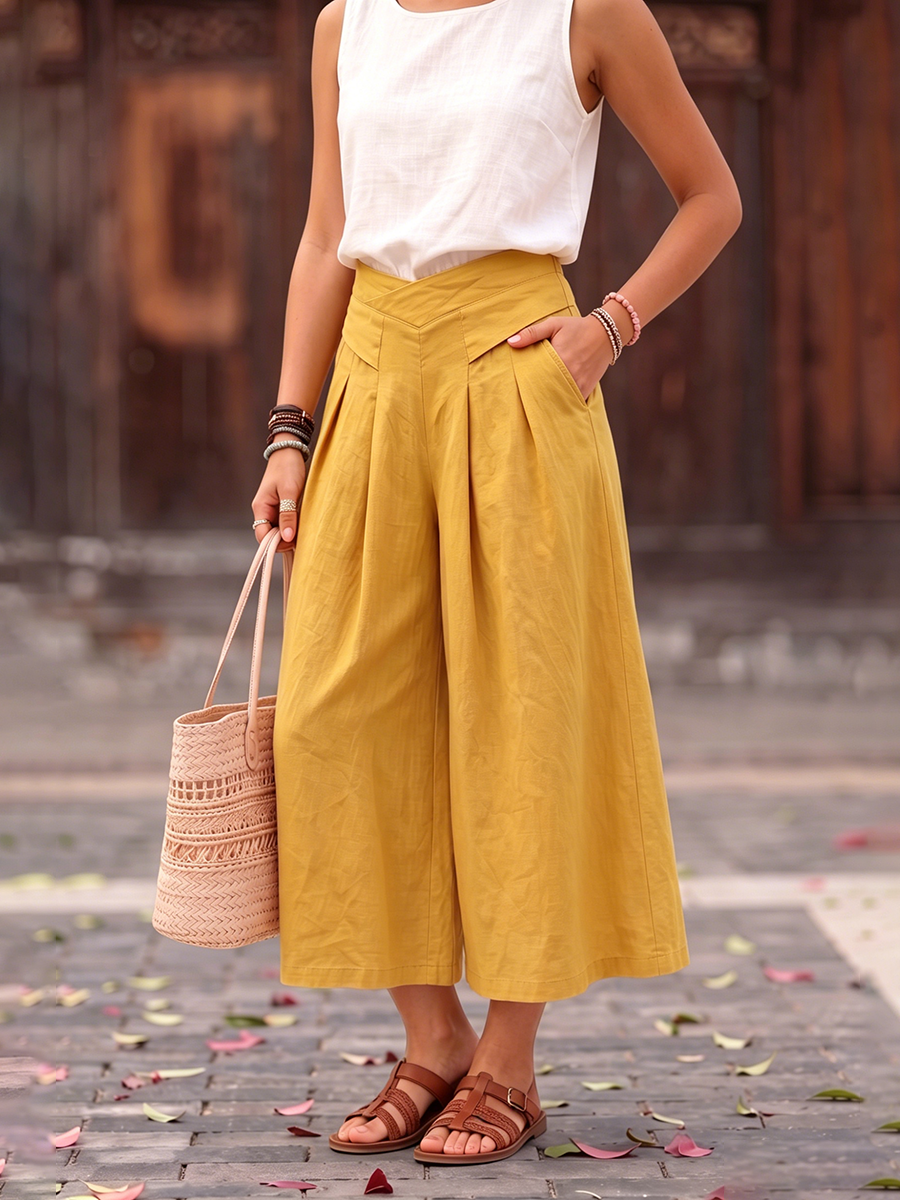 Cozy Cotton-linen Wide-leg Cropped Culottes