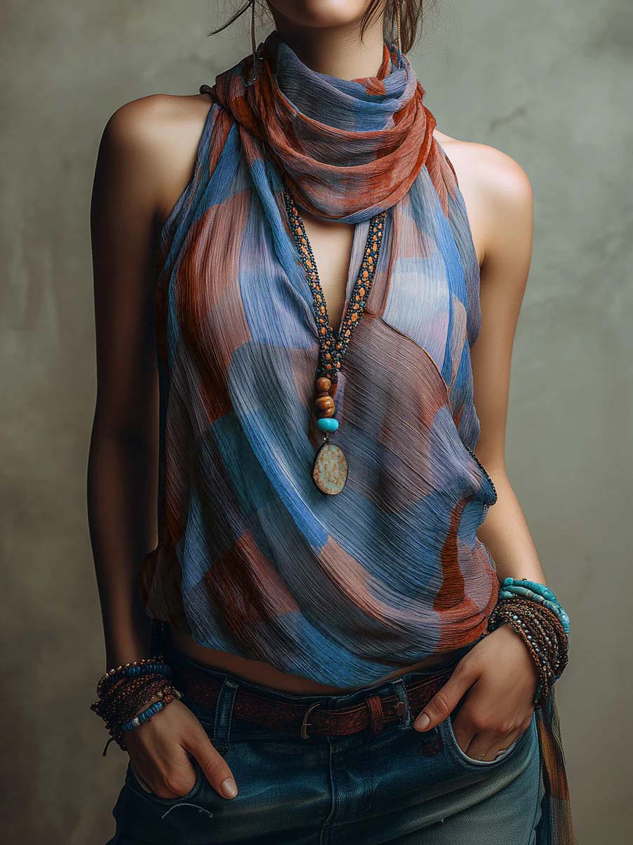 Women's Stand-collar Sleeveless Loose-fit Casual Plaid Top