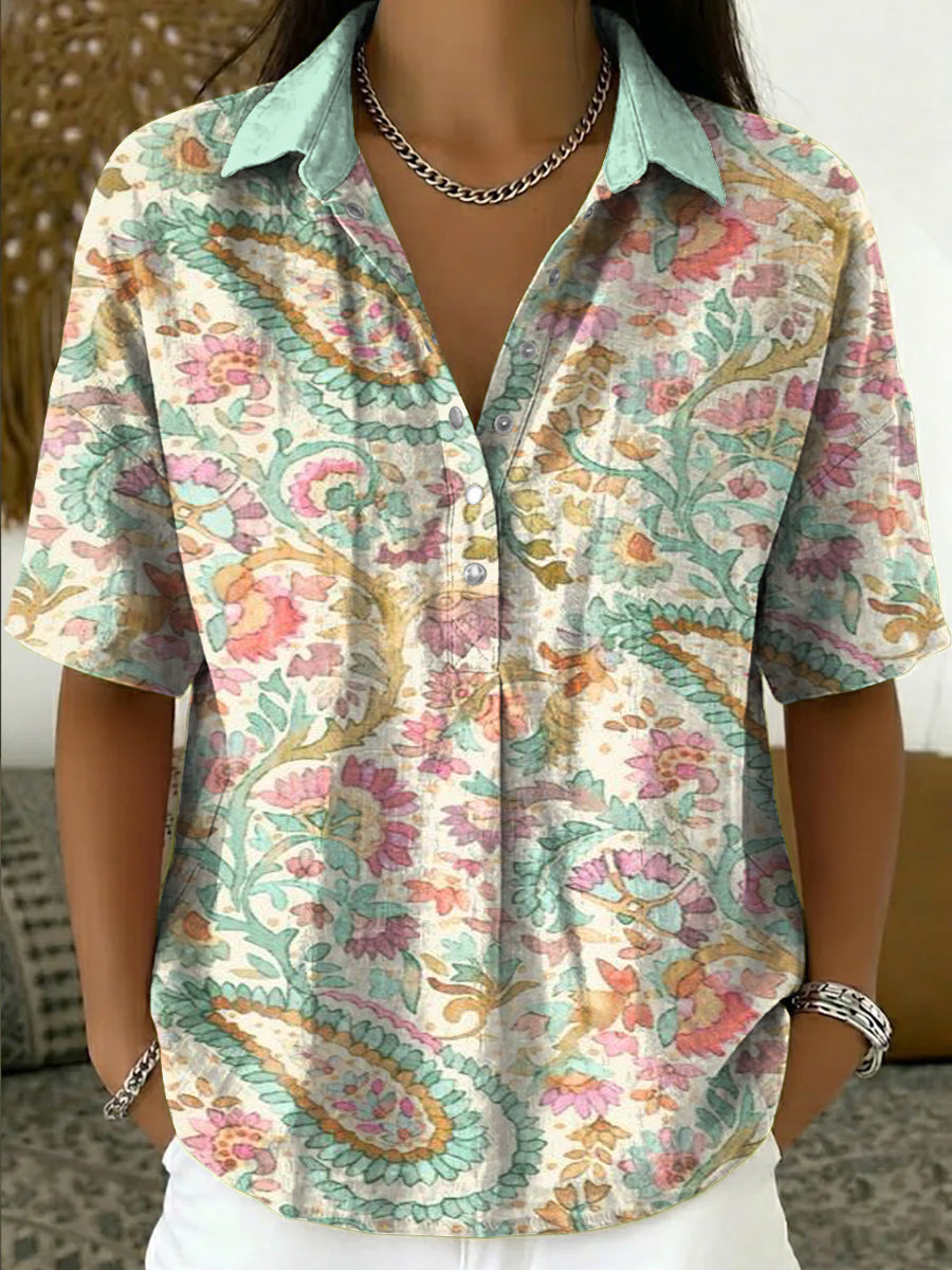 Women's Art-print Cotton-linen Short-sleeve Shirt