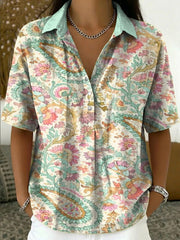 Women's Art-print Cotton-linen Short-sleeve Shirt