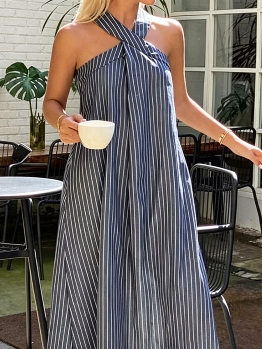 Women's Striped Art Stylish sleeveless Cotton Linen Dress