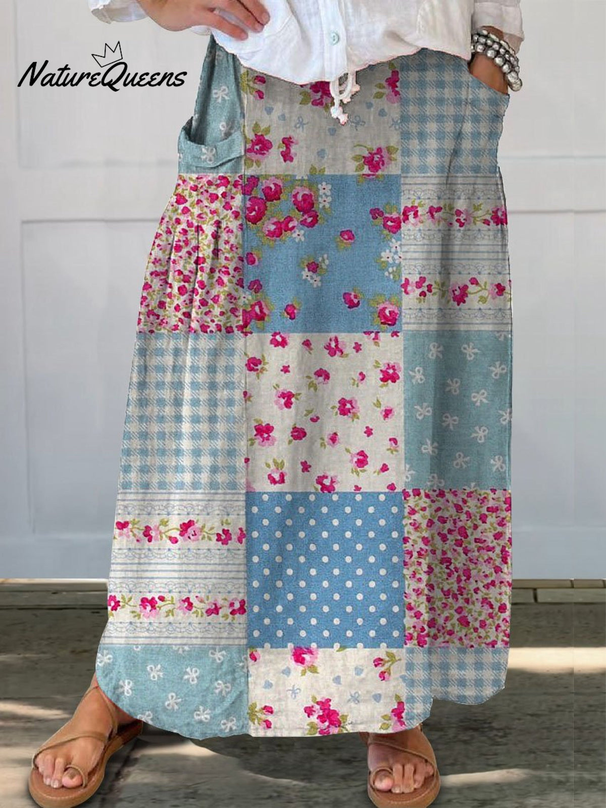 Women's Retro Floral Patchwork Art Linen Pocket Skirt