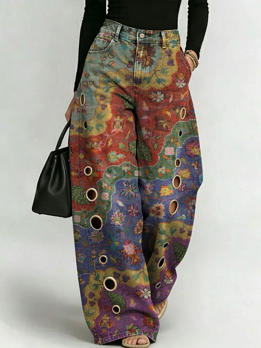 Women's Retro Geometric Floral Patterns Printed Stylish Cutout Casual Denim Jeans