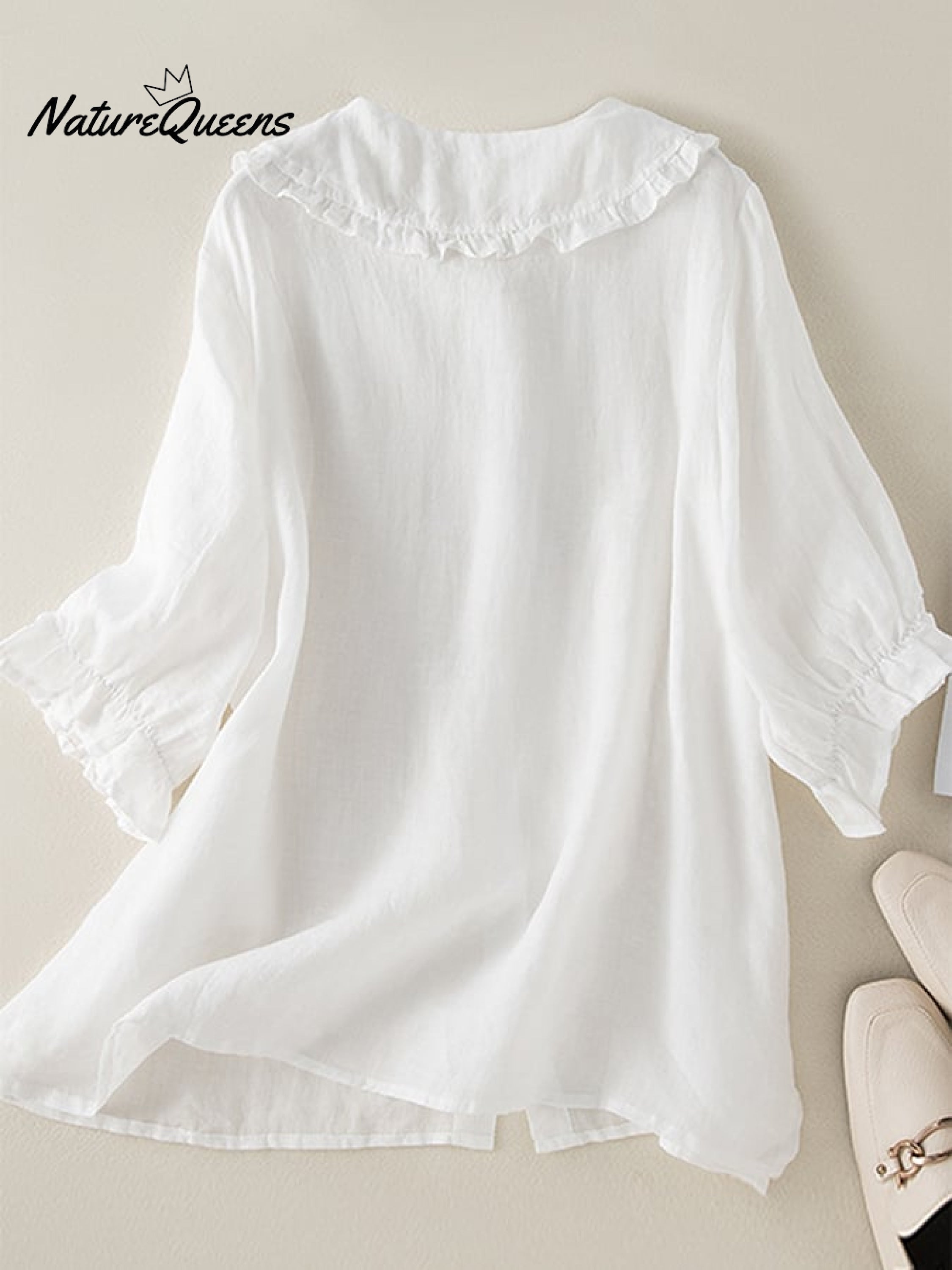 Cotton Linen Loose Peter Pan Ruffles Neck Shirt